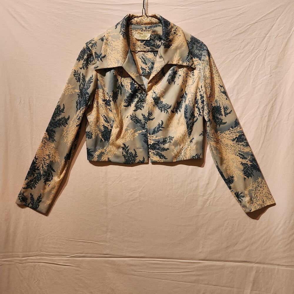 Vintage Nancy Greer Sz Medium Cropped Blazer Pink Blue Floral Open Front Jacket